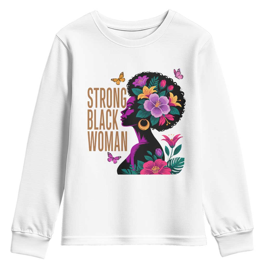 Strong Black Woman Floral Afro Youth Sweatshirt Empowering Black Queen Pride Celebrating Melanin and Strength TS02 White Print Your Wear