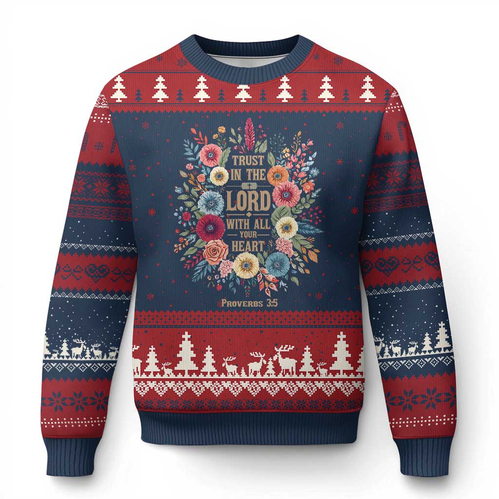 Trust in the Lord Proverbs 3:5 Floral Christian Ugly Christmas Sweater Inspirational Bible Verse TS02 Navy Red Print Your Wear