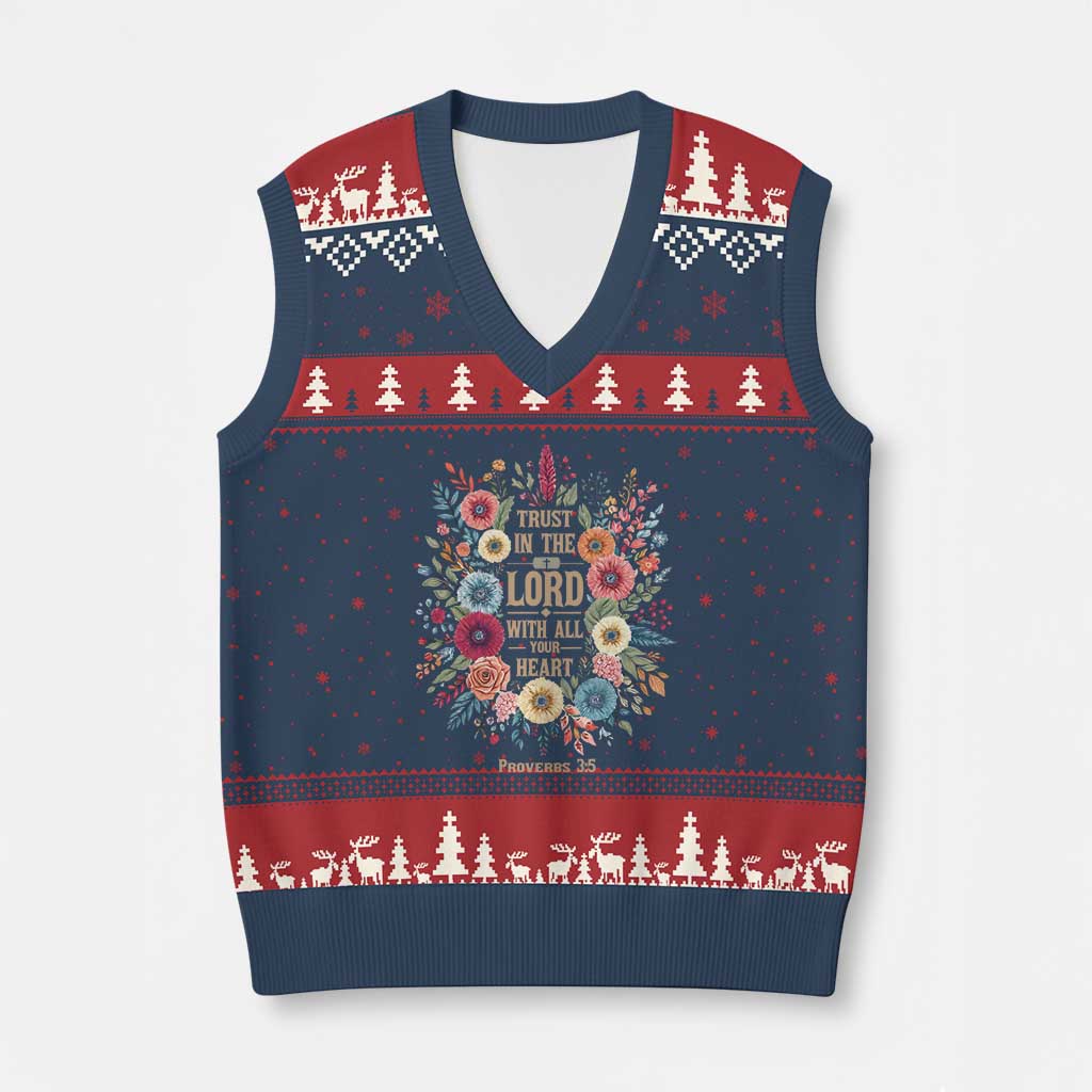 Trust in the Lord Proverbs 3:5 Floral Christian V-Neck Knit Sweater Vest Inspirational Bible Verse TS02 Navy Red Print Your Wear