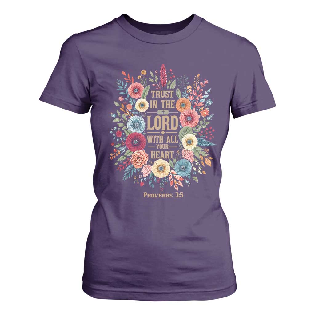 Trust in the Lord Proverbs 3:5 Floral Christian T Shirt For Women Inspirational Bible Verse TS02 Purple Print Your Wear