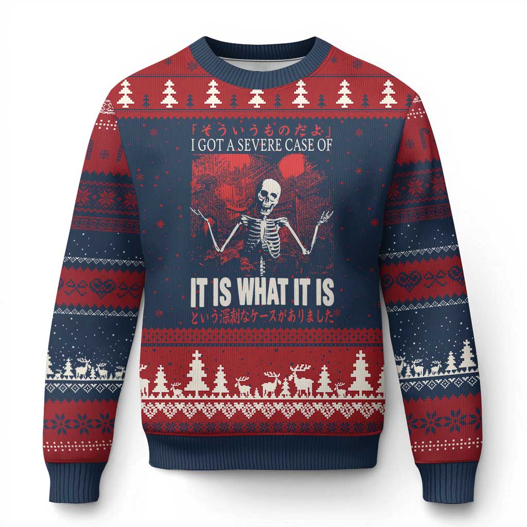 Dark Japanese Aesthetic Skeleton Meme Graphic Ugly Christmas Sweater I Got a Severe Case of It Is What It Is TS02 Navy Red Print Your Wear