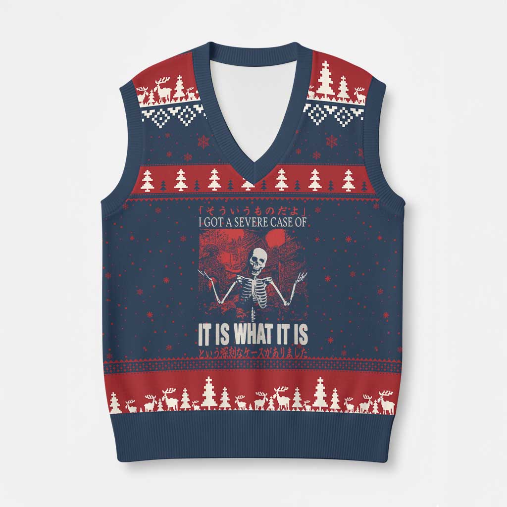 Dark Japanese Aesthetic Skeleton Meme Graphic V-Neck Knit Sweater Vest I Got a Severe Case of It Is What It Is TS02 Navy Red Print Your Wear