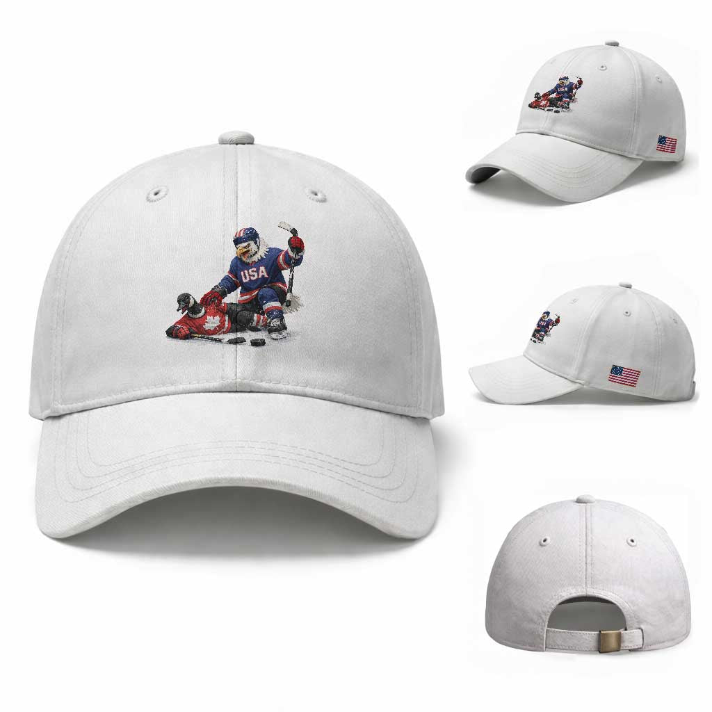 USA Eagle Vs Canada Loon Rivalry Graphic Baseball Cap Funny Sports Fan Ice Hockey Game Day Supporter TS02 Baseball Cap Universal Fit White Print Your Wear