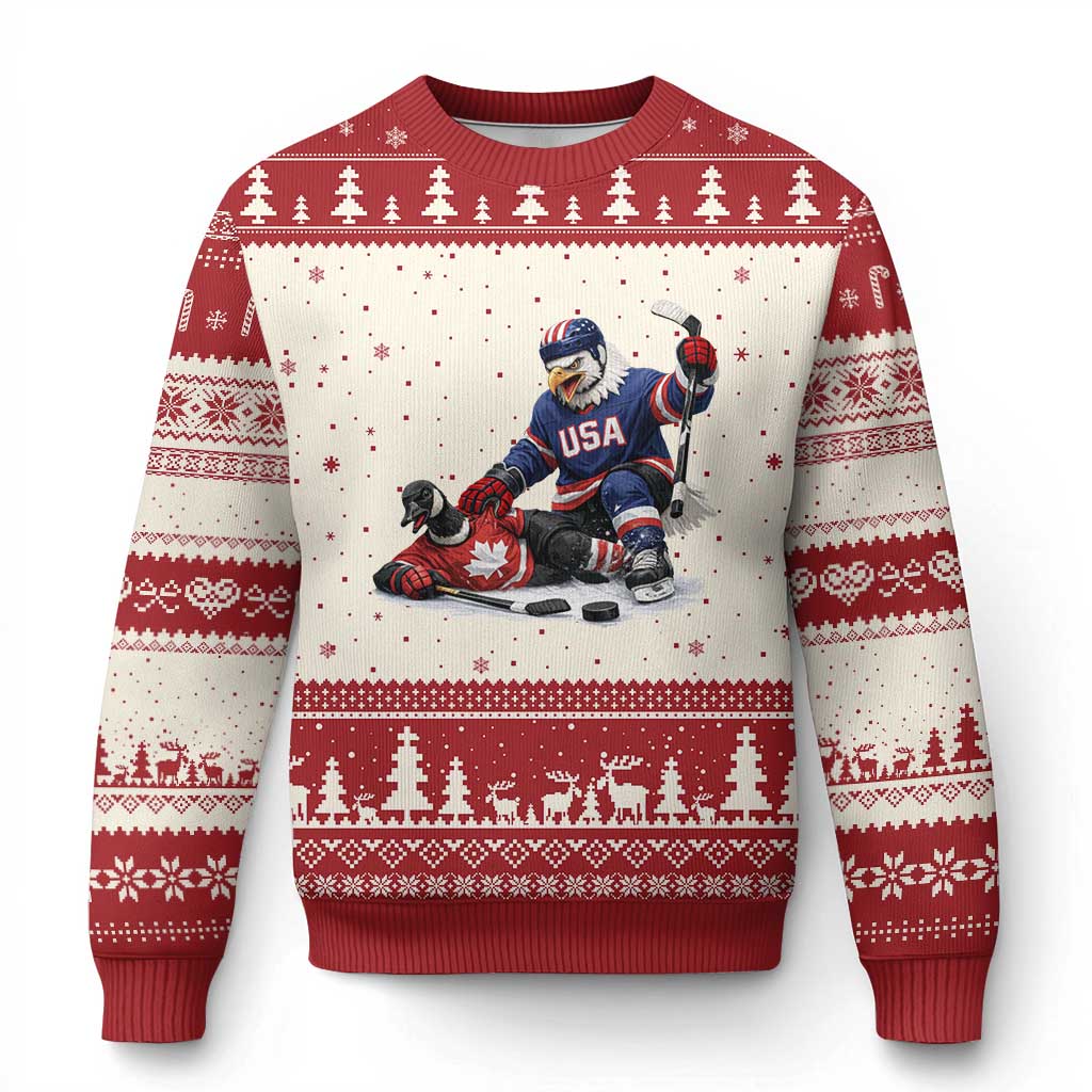 USA Eagle Vs Canada Loon Rivalry Graphic Ugly Christmas Sweater Funny Sports Fan Ice Hockey Game Day Supporter TS02 Beige Red Print Your Wear