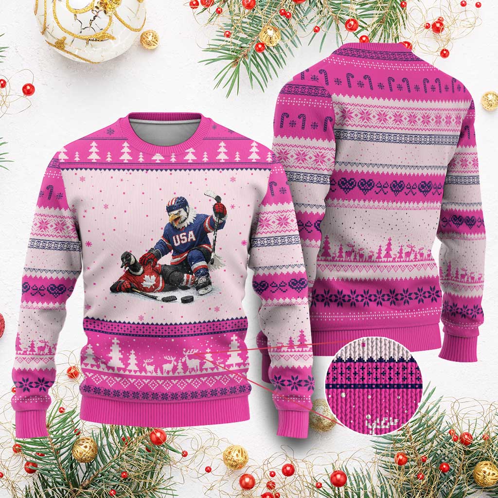 USA Eagle Vs Canada Loon Rivalry Graphic Ugly Christmas Sweater Funny Sports Fan Ice Hockey Game Day Supporter TS02 Hot Pink Print Your Wear