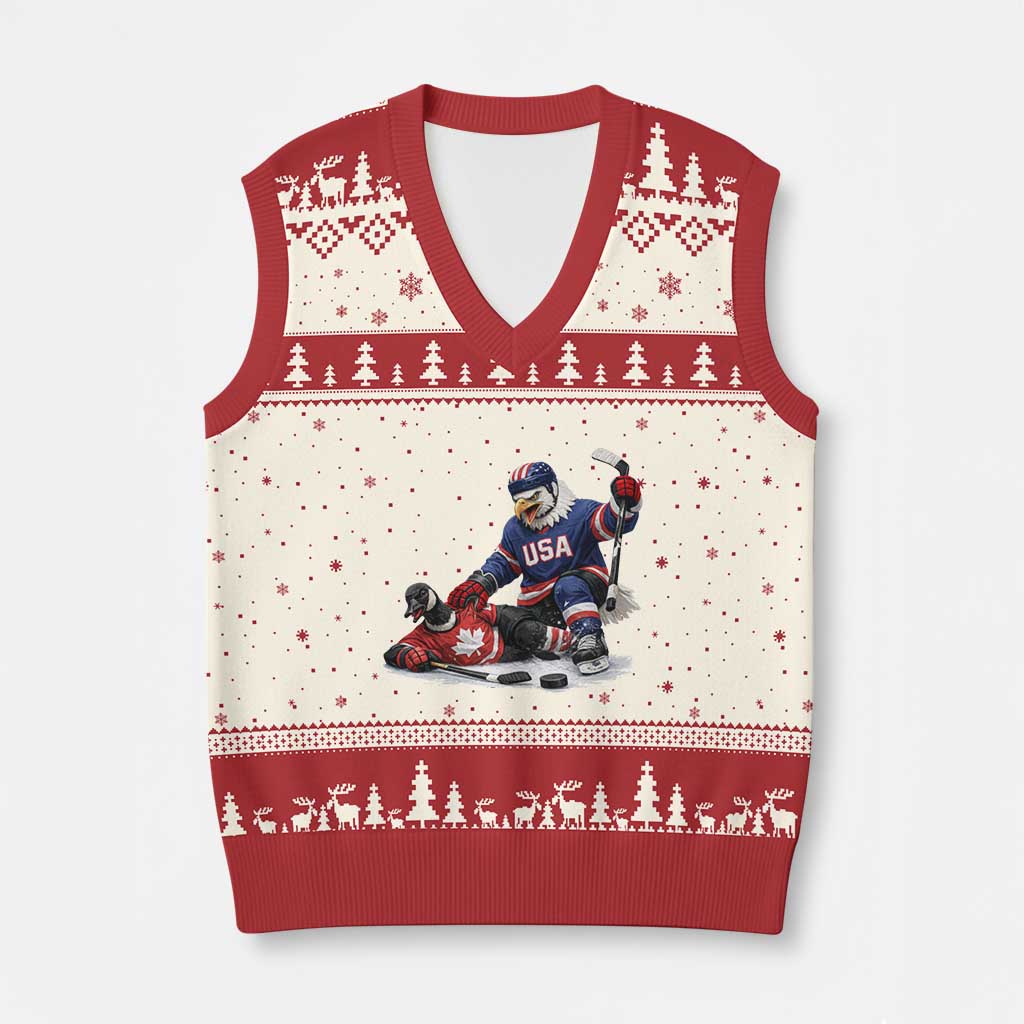 USA Eagle Vs Canada Loon Rivalry Graphic V-Neck Knit Sweater Vest Funny Sports Fan Ice Hockey Game Day Supporter TS02 Beige Red Print Your Wear