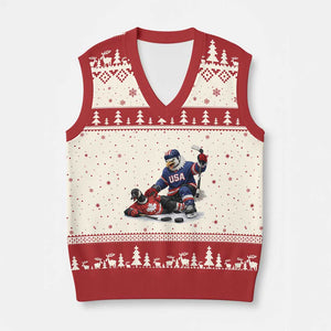 USA Eagle Vs Canada Loon Rivalry Graphic V-Neck Knit Sweater Vest Funny Sports Fan Ice Hockey Game Day Supporter TS02 Beige Red Print Your Wear
