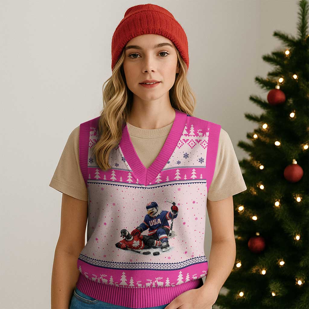 USA Eagle Vs Canada Loon Rivalry Graphic V-Neck Knit Sweater Vest Funny Sports Fan Ice Hockey Game Day Supporter TS02 Hot Pink Print Your Wear
