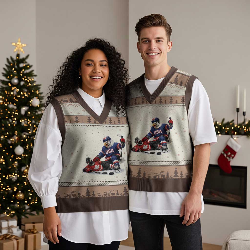 USA Eagle Vs Canada Loon Rivalry Graphic V-Neck Knit Sweater Vest Funny Sports Fan Ice Hockey Game Day Supporter TS02 Mocha Mousse Print Your Wear