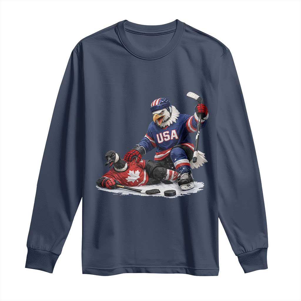 USA Eagle Vs Canada Loon Rivalry Graphic Long Sleeve Shirt Funny Sports Fan Ice Hockey Game Day Supporter TS02 Navy Print Your Wear