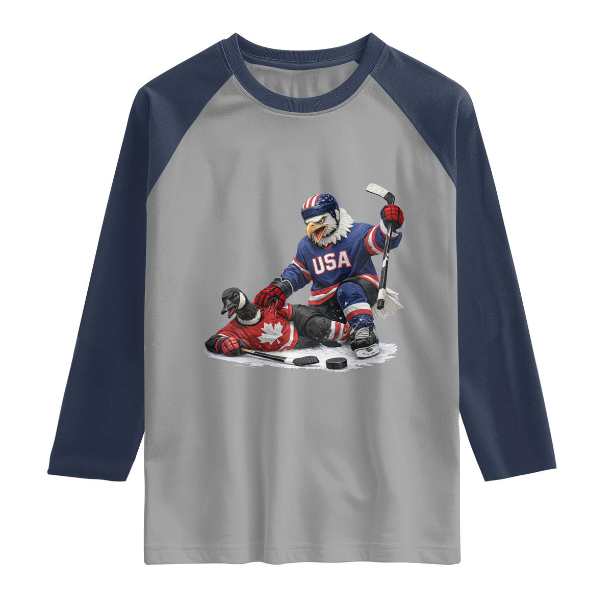USA Eagle Vs Canada Loon Rivalry Graphic Raglan Shirt Funny Sports Fan Ice Hockey Game Day Supporter TS02 Sport Gray Navy Print Your Wear