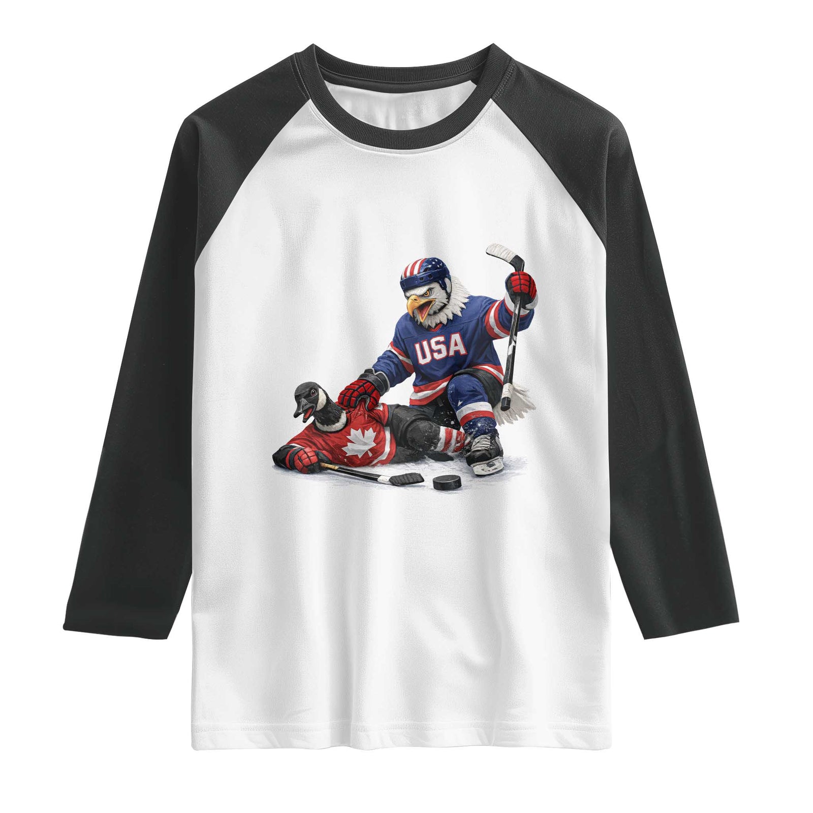 USA Eagle Vs Canada Loon Rivalry Graphic Raglan Shirt Funny Sports Fan Ice Hockey Game Day Supporter TS02 White Black Print Your Wear