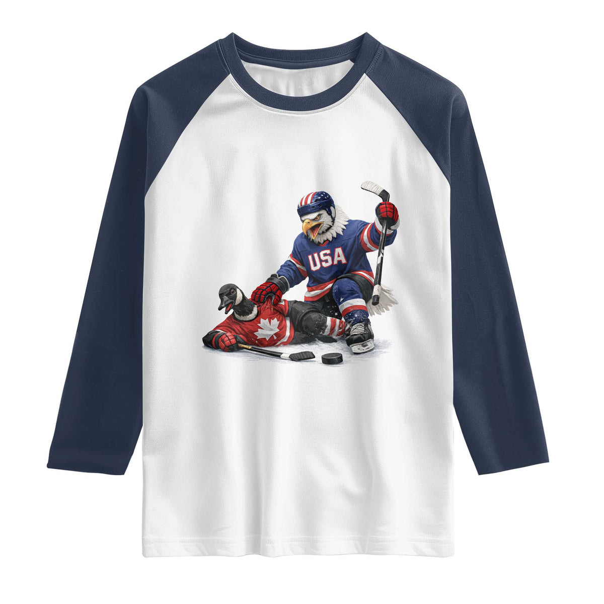 USA Eagle Vs Canada Loon Rivalry Graphic Raglan Shirt Funny Sports Fan Ice Hockey Game Day Supporter TS02 White Navy Print Your Wear