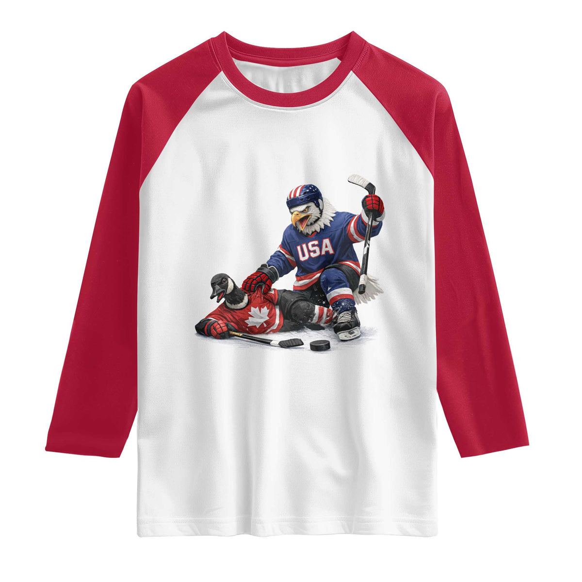 USA Eagle Vs Canada Loon Rivalry Graphic Raglan Shirt Funny Sports Fan Ice Hockey Game Day Supporter TS02 White Red Print Your Wear