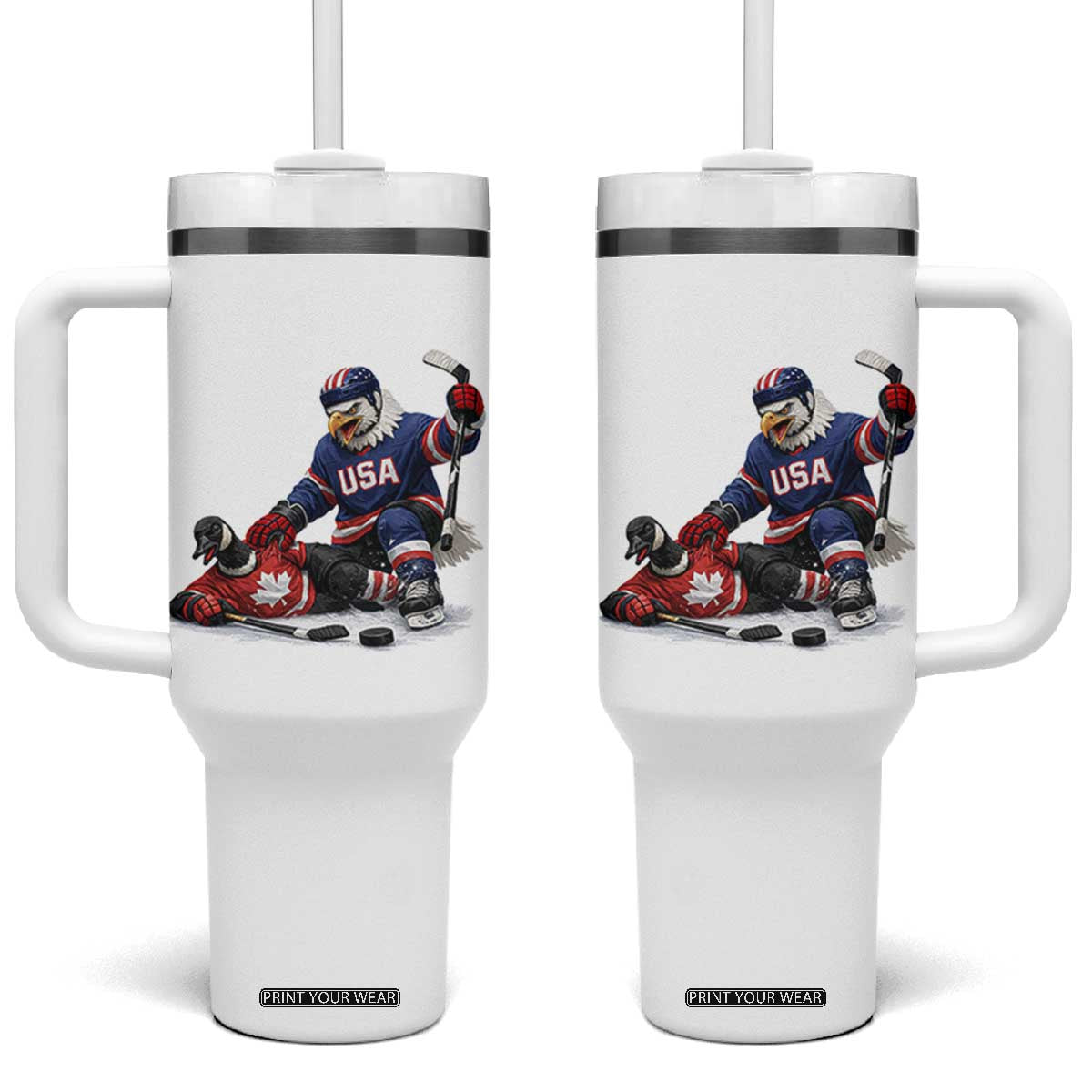 USA Eagle Vs Canada Loon Rivalry Graphic Tumbler With Handle Funny Sports Fan Ice Hockey Game Day Supporter TS02 One Size: 40 oz White Print Your Wear