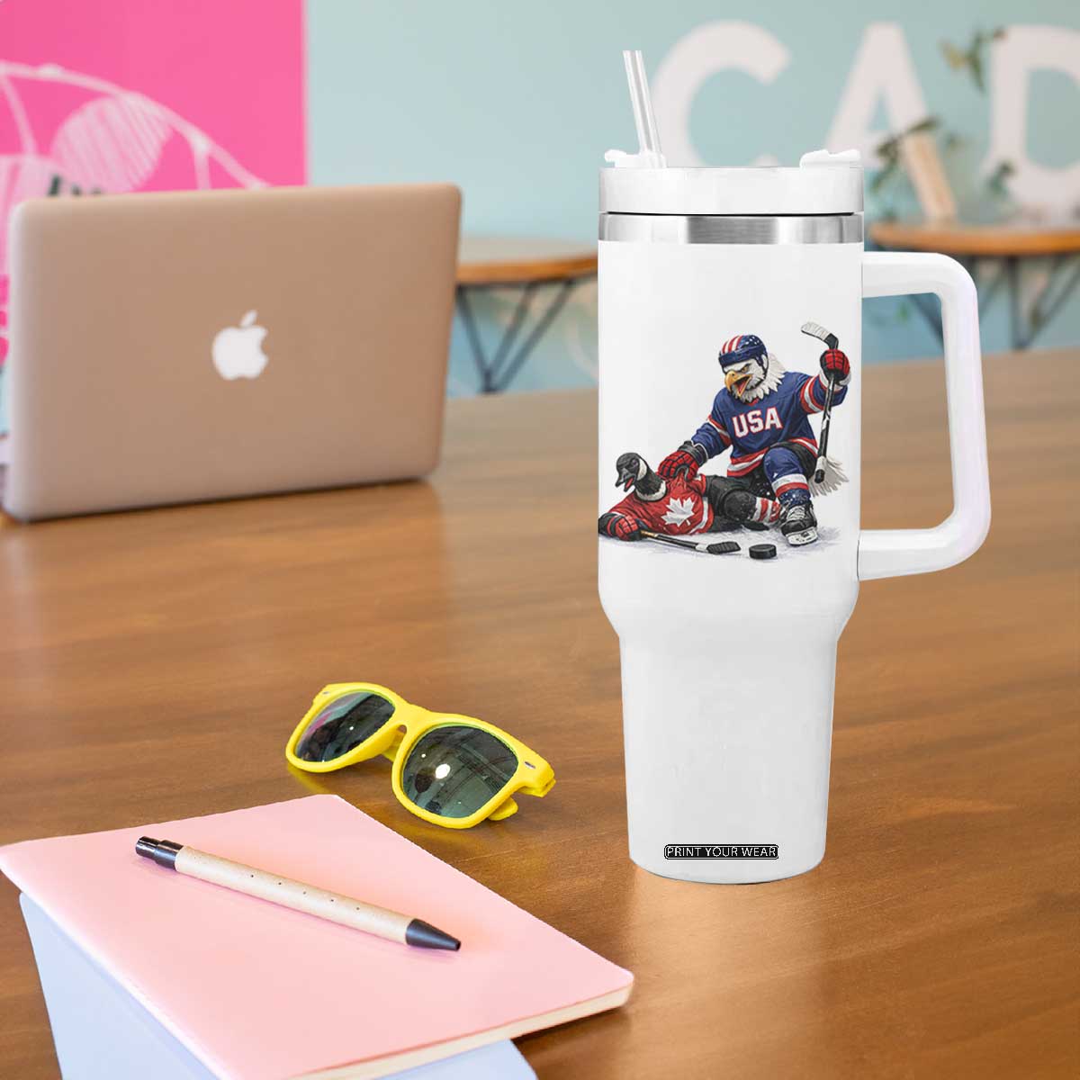 USA Eagle Vs Canada Loon Rivalry Graphic Tumbler With Handle Funny Sports Fan Ice Hockey Game Day Supporter TS02 Print Your Wear