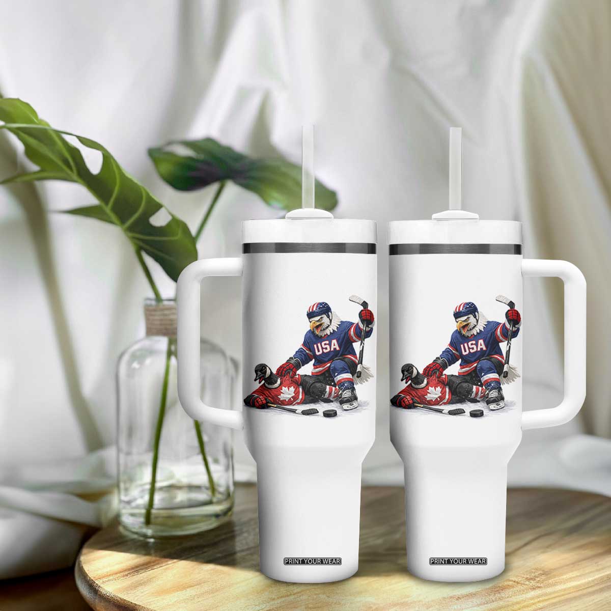 USA Eagle Vs Canada Loon Rivalry Graphic Tumbler With Handle Funny Sports Fan Ice Hockey Game Day Supporter TS02 Print Your Wear