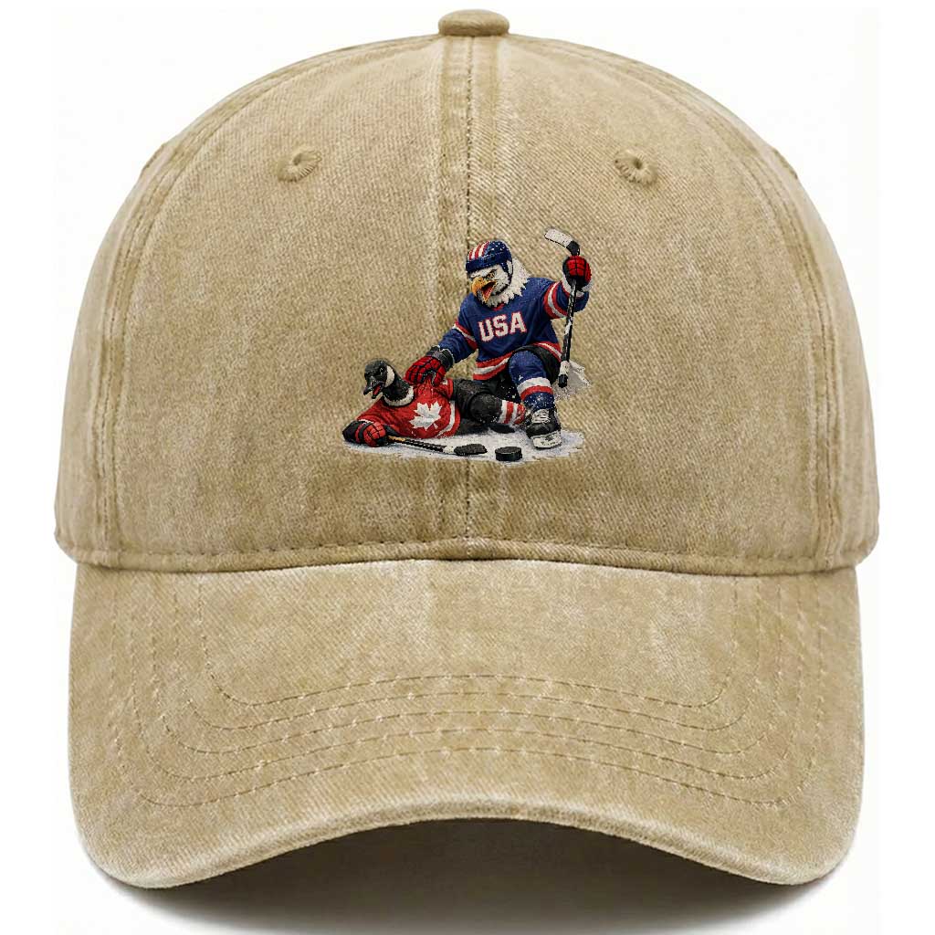 USA Eagle Vs Canada Loon Rivalry Graphic Washed Cotton Baseball Cap Funny Sports Fan Ice Hockey Game Day Supporter TS02 Print Your Wear