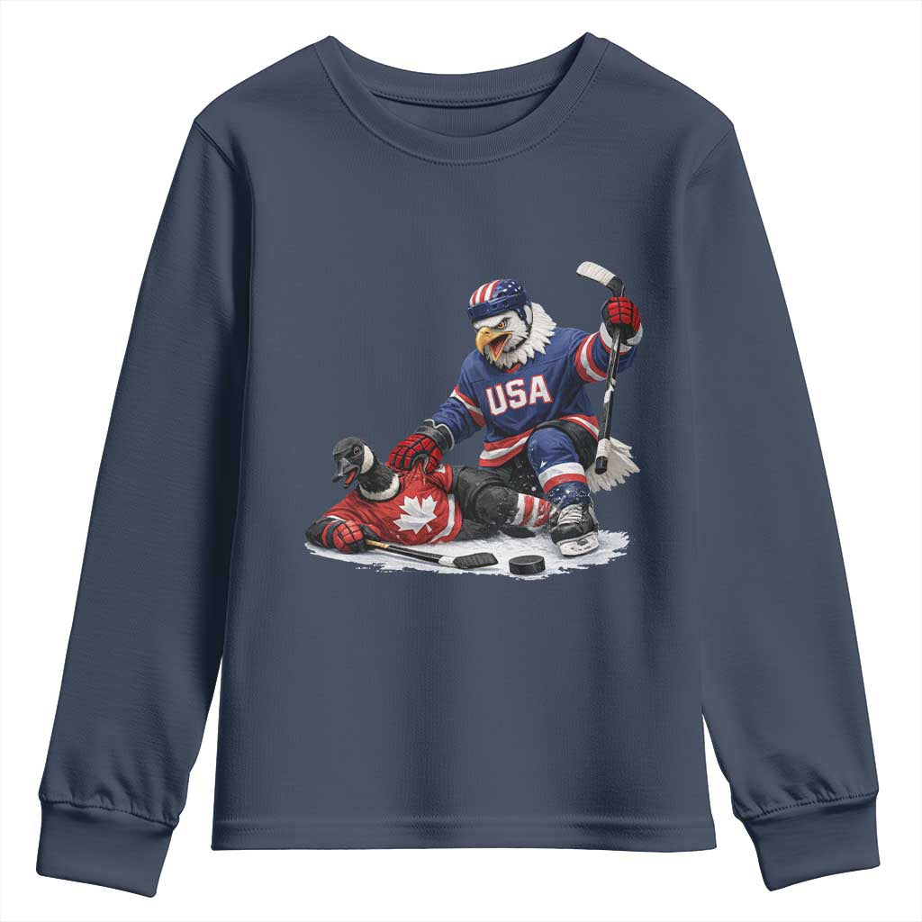 USA Eagle Vs Canada Loon Rivalry Graphic Youth Sweatshirt Funny Sports Fan Ice Hockey Game Day Supporter TS02 Navy Print Your Wear