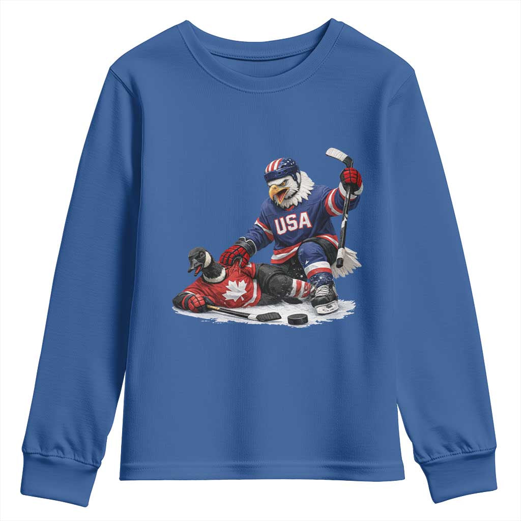 USA Eagle Vs Canada Loon Rivalry Graphic Youth Sweatshirt Funny Sports Fan Ice Hockey Game Day Supporter TS02 Royal Blue Print Your Wear
