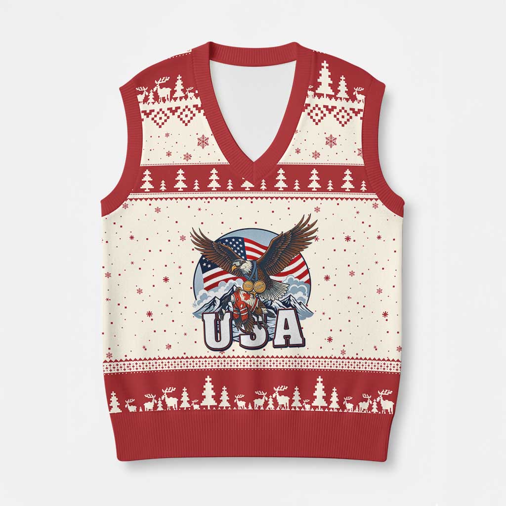 USA 1980 2026 American Eagle vs Canada Loon V-Neck Knit Sweater Vest Vintage Champs Retro Game Day Hockey Sports Fan TS02 Beige Red Print Your Wear