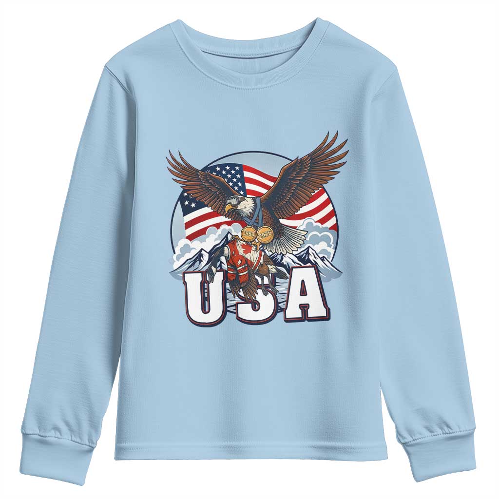 USA 1980 2026 American Eagle vs Canada Loon Youth Sweatshirt Vintage Champs Retro Game Day Hockey Sports Fan TS02 Light Blue Print Your Wear