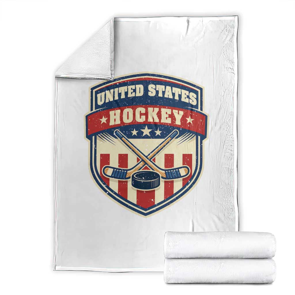 Hockey Crossed Sticks And Puck Retro USA Shield Flag Throw Blanket Red White Blue Striped Patriotic Sports Fan Pride Graphic TS02 White Print Your Wear