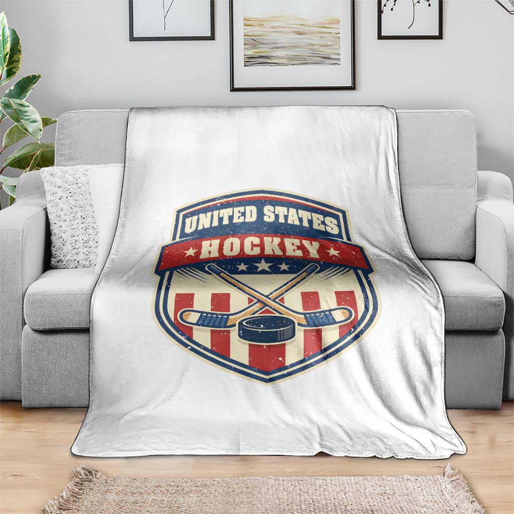 Hockey Crossed Sticks And Puck Retro USA Shield Flag Throw Blanket Red White Blue Striped Patriotic Sports Fan Pride Graphic TS02 Print Your Wear