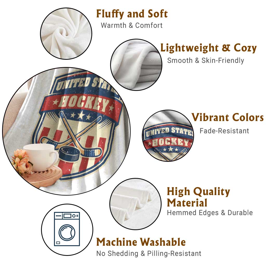 Hockey Crossed Sticks And Puck Retro USA Shield Flag Throw Blanket Red White Blue Striped Patriotic Sports Fan Pride Graphic TS02 Print Your Wear