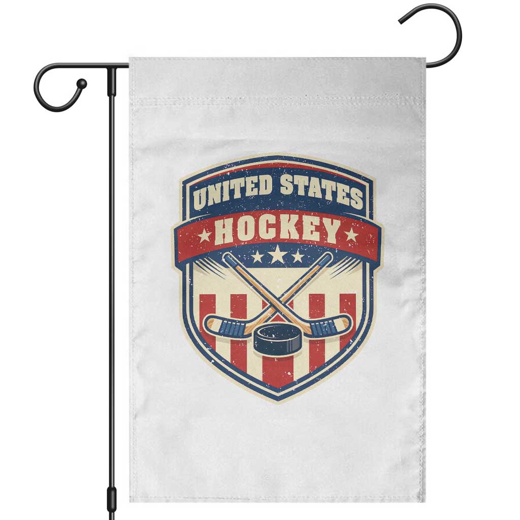 Hockey Crossed Sticks And Puck Retro USA Shield Flag Garden Flag Red White Blue Striped Patriotic Sports Fan Pride Graphic TS02 White Print Your Wear