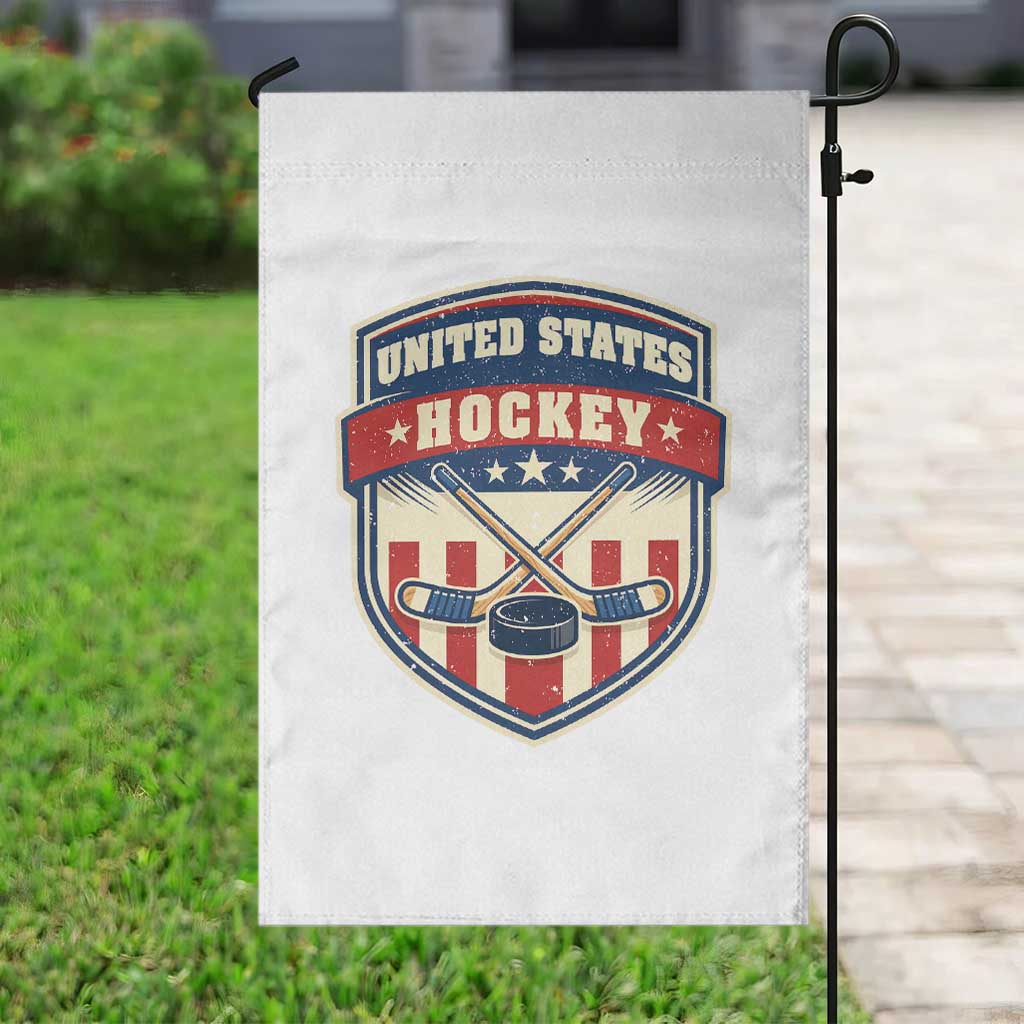 Hockey Crossed Sticks And Puck Retro USA Shield Flag Garden Flag Red White Blue Striped Patriotic Sports Fan Pride Graphic TS02 Print Your Wear