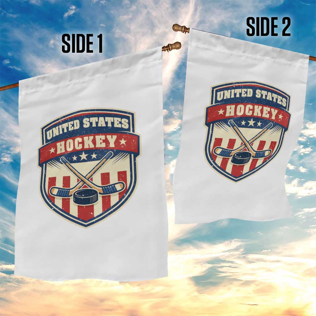 Hockey Crossed Sticks And Puck Retro USA Shield Flag Garden Flag Red White Blue Striped Patriotic Sports Fan Pride Graphic TS02 Print Your Wear