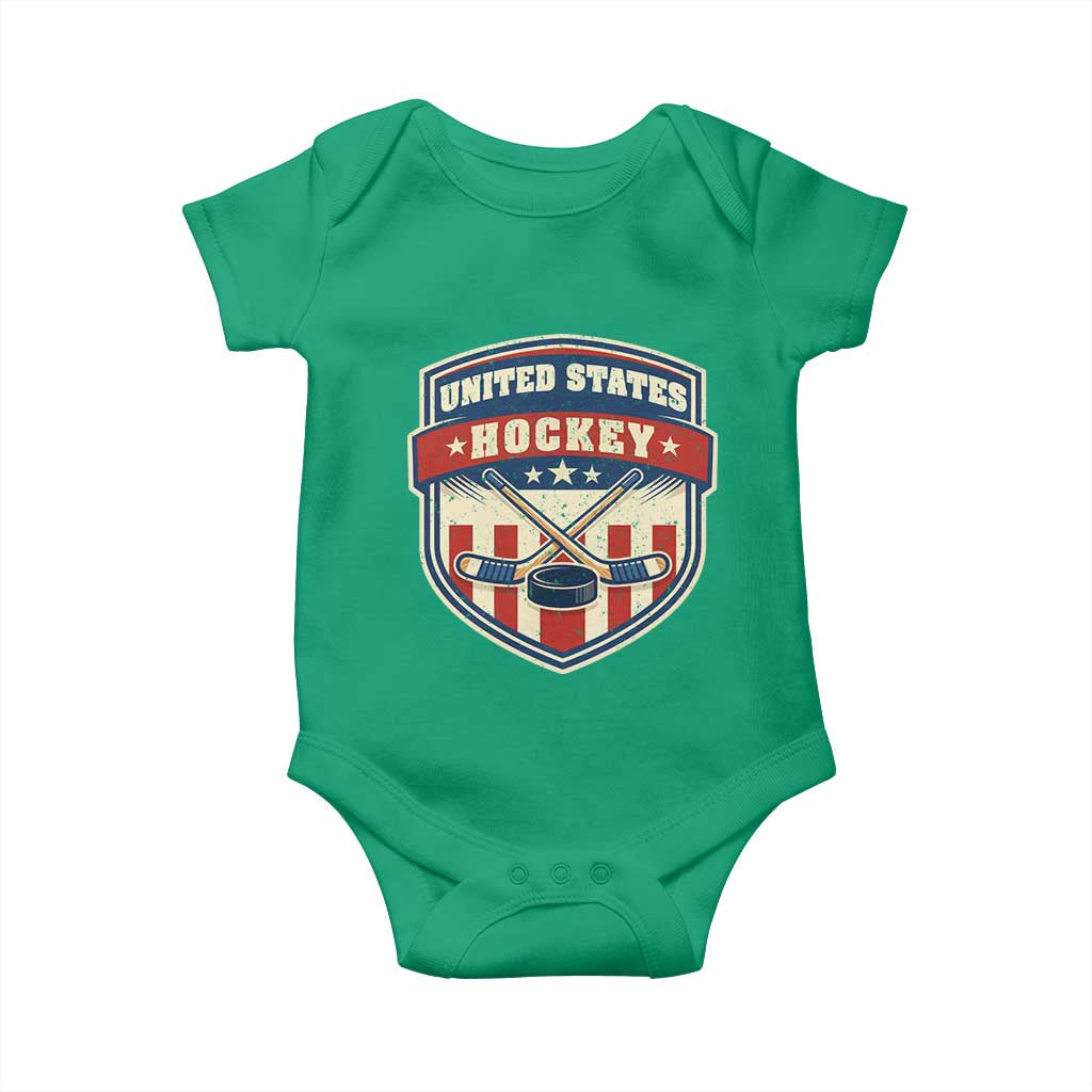 Hockey Crossed Sticks And Puck Retro USA Shield Flag Baby Onesie Red White Blue Striped Patriotic Sports Fan Pride Graphic TS02 Irish Green Print Your Wear