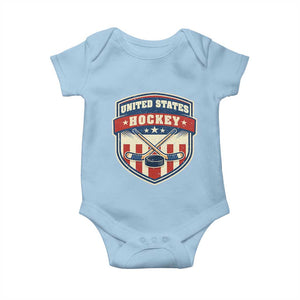 Hockey Crossed Sticks And Puck Retro USA Shield Flag Baby Onesie Red White Blue Striped Patriotic Sports Fan Pride Graphic TS02 Light Blue Print Your Wear