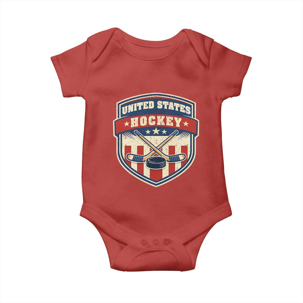 Hockey Crossed Sticks And Puck Retro USA Shield Flag Baby Onesie Red White Blue Striped Patriotic Sports Fan Pride Graphic TS02 Red Print Your Wear