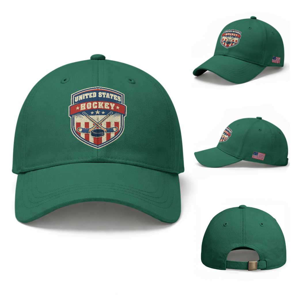 Hockey Crossed Sticks And Puck Retro USA Shield Flag Baseball Cap Red White Blue Striped Patriotic Sports Fan Pride Graphic TS02 Baseball Cap Universal Fit Irish Green Print Your Wear