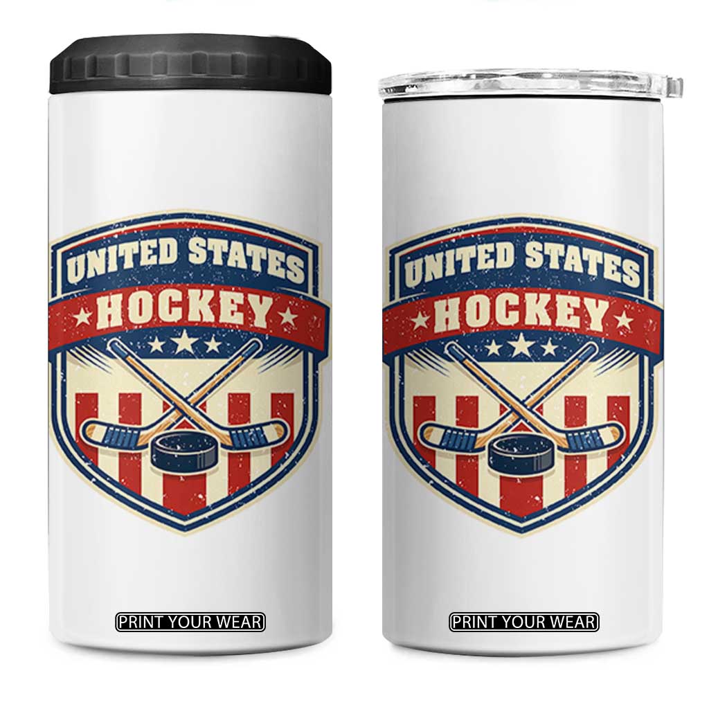 Hockey Crossed Sticks And Puck Retro USA Shield Flag 4 in 1 Can Cooler Tumbler Red White Blue Striped Patriotic Sports Fan Pride Graphic TS02 One Size: 16 oz White Print Your Wear