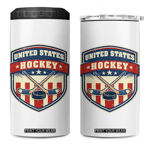 Hockey Crossed Sticks And Puck Retro USA Shield Flag 4 in 1 Can Cooler Tumbler Red White Blue Striped Patriotic Sports Fan Pride Graphic TS02 One Size: 16 oz White Print Your Wear
