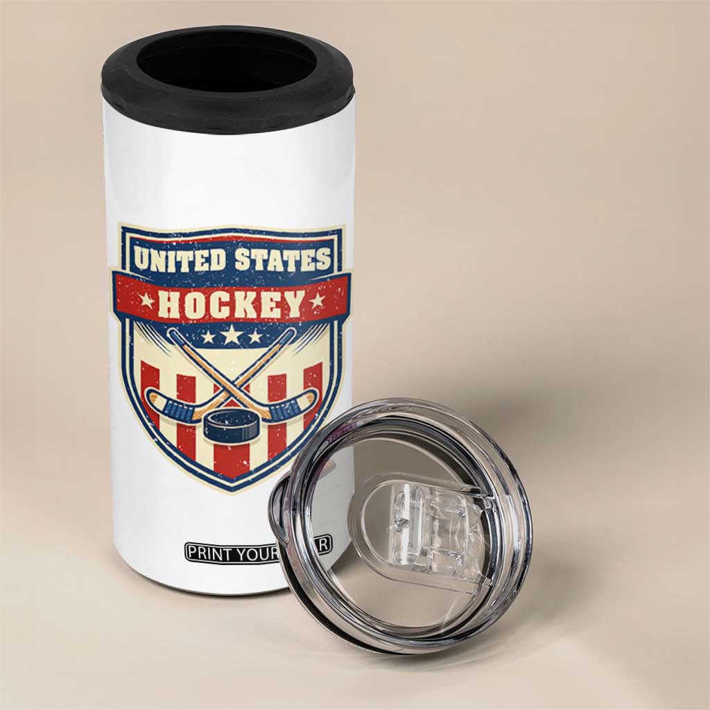 Hockey Crossed Sticks And Puck Retro USA Shield Flag 4 in 1 Can Cooler Tumbler Red White Blue Striped Patriotic Sports Fan Pride Graphic TS02 Print Your Wear