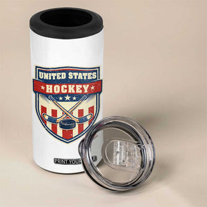 Hockey Crossed Sticks And Puck Retro USA Shield Flag 4 in 1 Can Cooler Tumbler Red White Blue Striped Patriotic Sports Fan Pride Graphic TS02 Print Your Wear