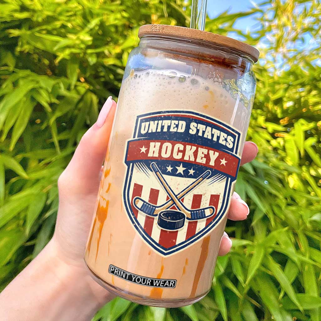 Hockey Crossed Sticks And Puck Retro USA Shield Flag Glass Can Red White Blue Striped Patriotic Sports Fan Pride Graphic TS02 White Print Your Wear