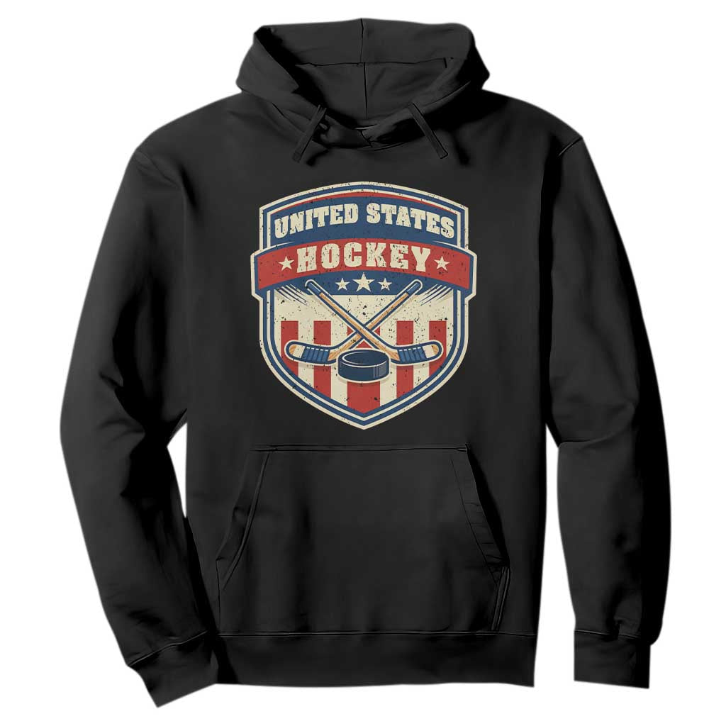 Hockey Crossed Sticks And Puck Retro USA Shield Flag Hoodie Red White Blue Striped Patriotic Sports Fan Pride Graphic TS02 Black Print Your Wear