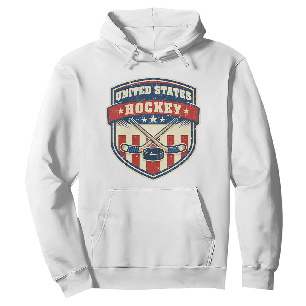 Hockey Crossed Sticks And Puck Retro USA Shield Flag Hoodie Red White Blue Striped Patriotic Sports Fan Pride Graphic TS02 White Print Your Wear