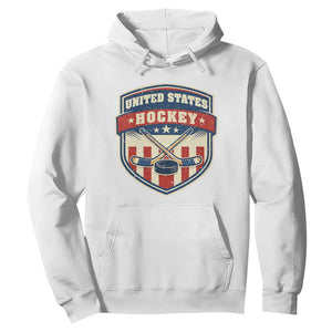 Hockey Crossed Sticks And Puck Retro USA Shield Flag Hoodie Red White Blue Striped Patriotic Sports Fan Pride Graphic TS02 White Print Your Wear