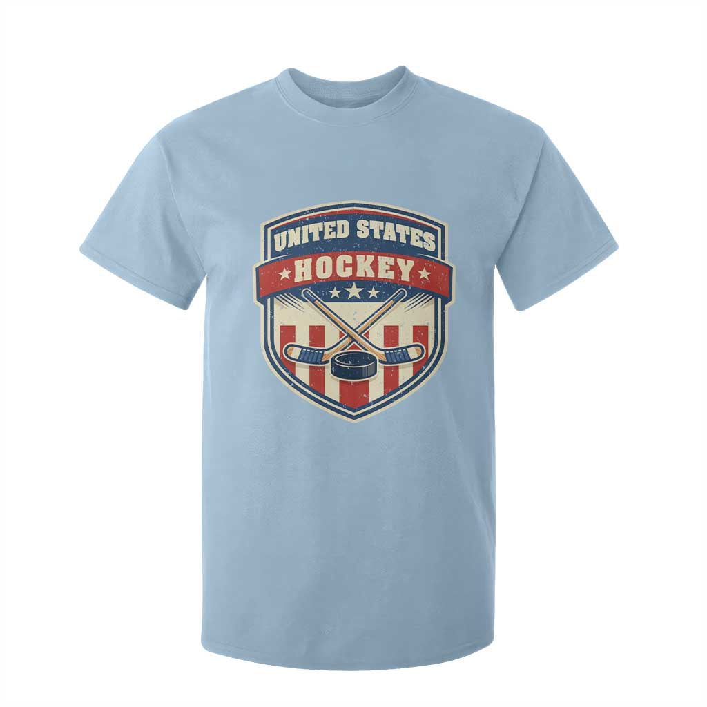Hockey Crossed Sticks And Puck Retro USA Shield Flag T Shirt For Kid Red White Blue Striped Patriotic Sports Fan Pride Graphic TS02 Light Blue Print Your Wear