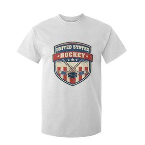 Hockey Crossed Sticks And Puck Retro USA Shield Flag T Shirt For Kid Red White Blue Striped Patriotic Sports Fan Pride Graphic TS02 White Print Your Wear
