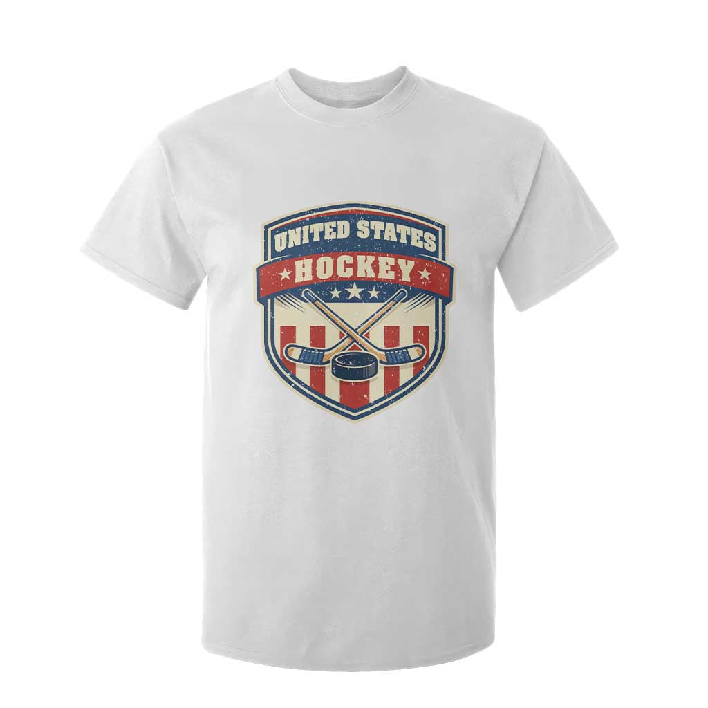 Hockey Crossed Sticks And Puck Retro USA Shield Flag T Shirt For Kid Red White Blue Striped Patriotic Sports Fan Pride Graphic TS02 White Print Your Wear