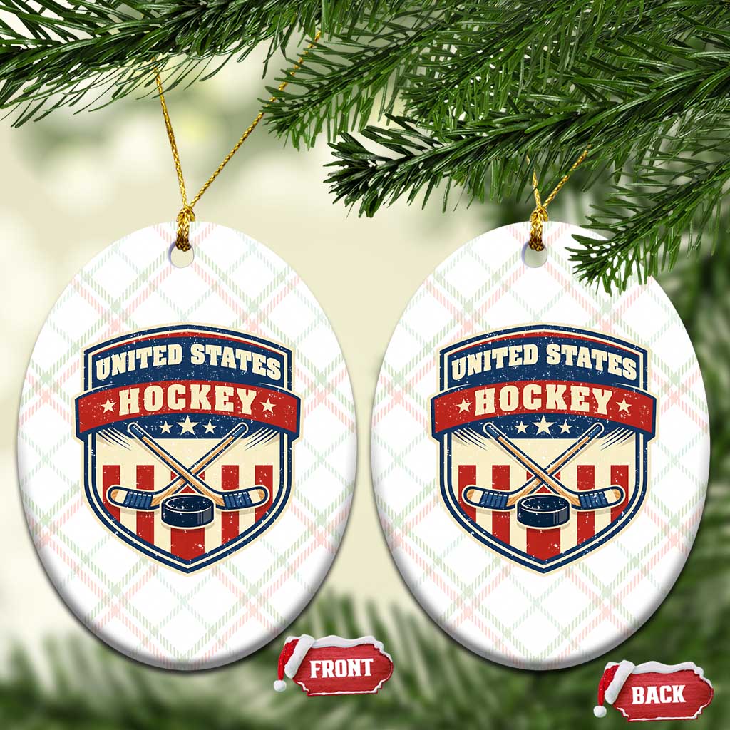 Hockey Crossed Sticks And Puck Retro USA Shield Flag Ceramic Ornament Red White Blue Striped Patriotic Sports Fan Pride Graphic TS02 Print Your Wear