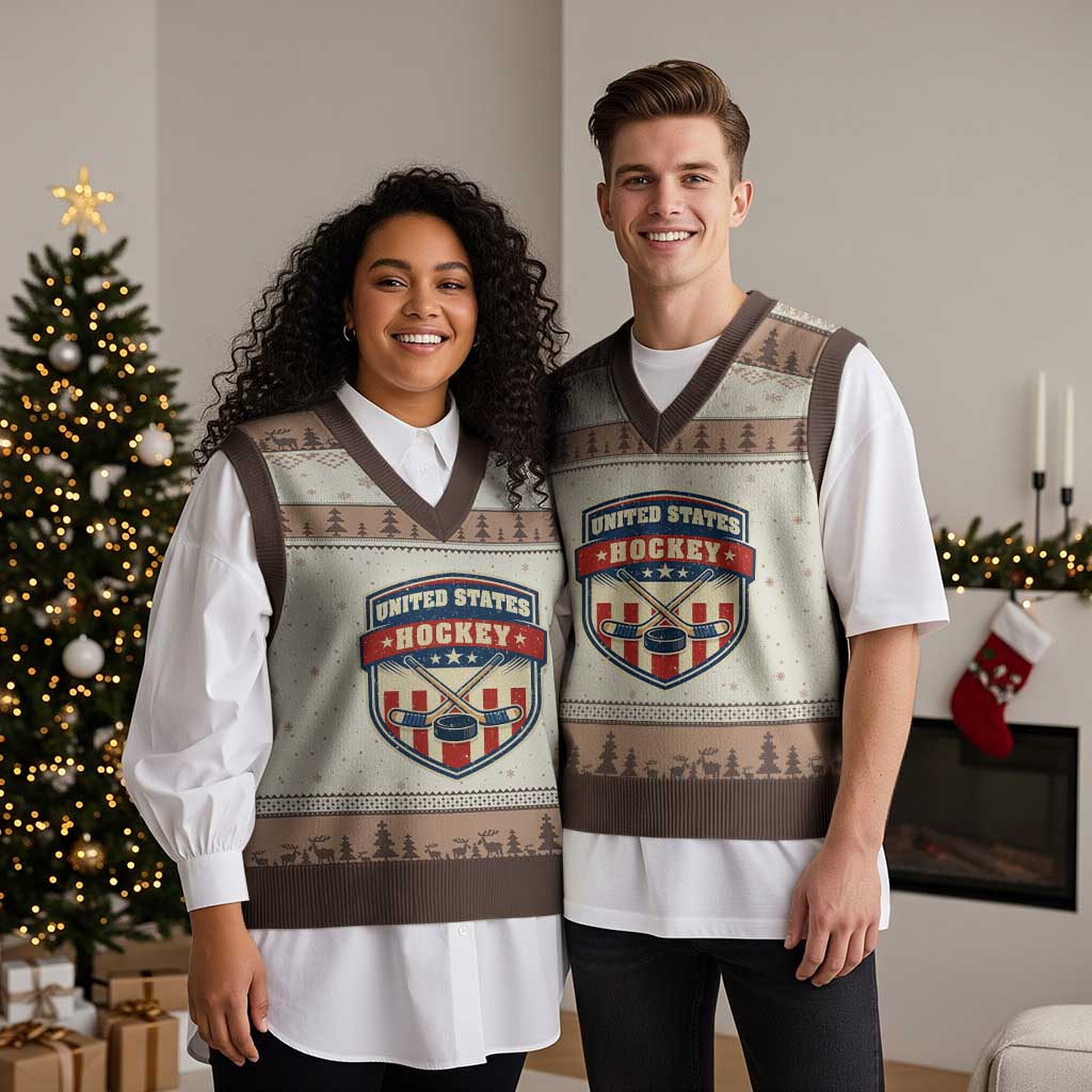 Hockey Crossed Sticks And Puck Retro USA Shield Flag V-Neck Knit Sweater Vest Red White Blue Striped Patriotic Sports Fan Pride Graphic TS02 Mocha Mousse Print Your Wear