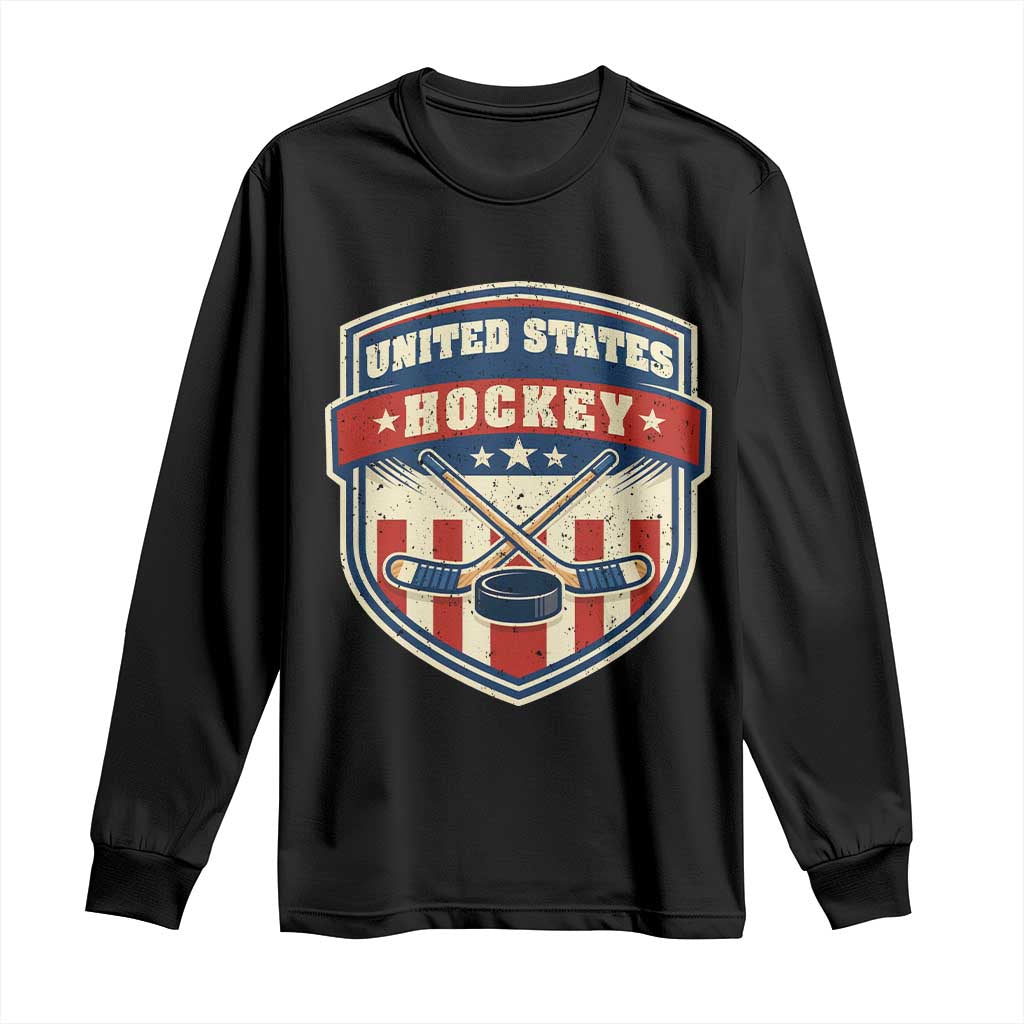 Hockey Crossed Sticks And Puck Retro USA Shield Flag Long Sleeve Shirt Red White Blue Striped Patriotic Sports Fan Pride Graphic TS02 Black Print Your Wear